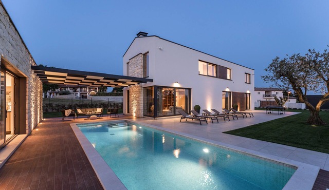 Sleeps 8–10, outdoor kitchen, pool, hot tub, sauna, recreational activities in Višnjan